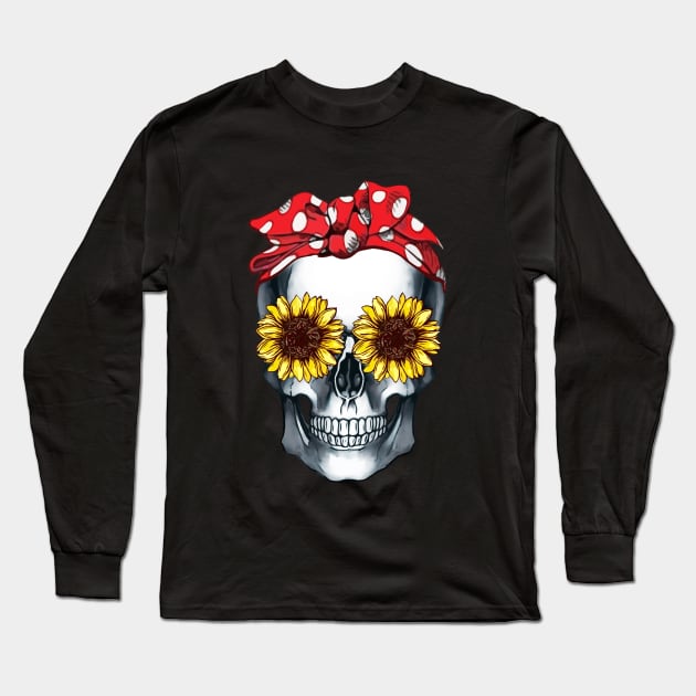 Cool skull red bandana and sunflowers skull mask face Long Sleeve T-Shirt by Collagedream